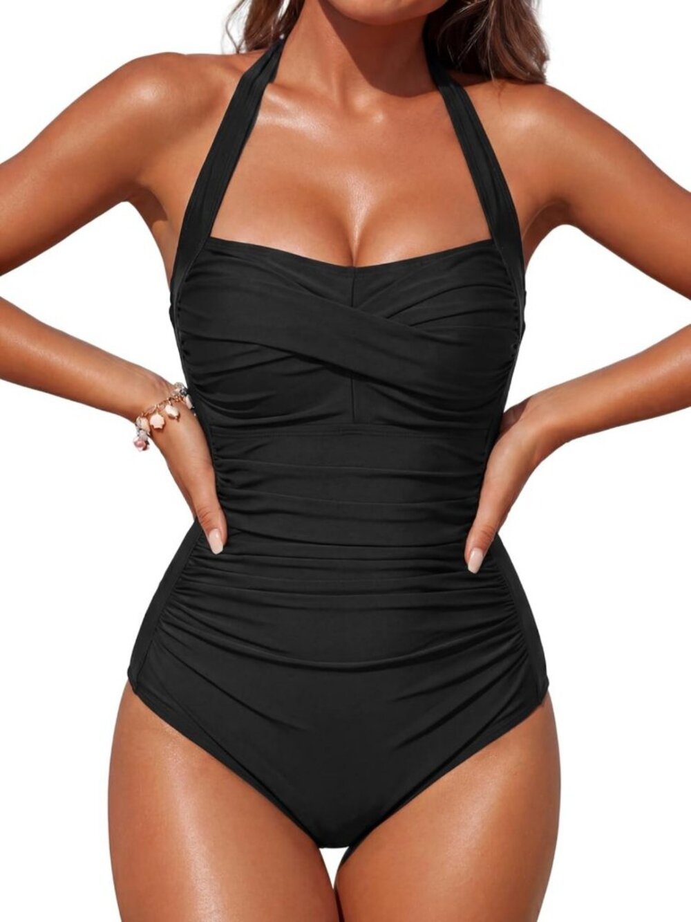 Slimming Vintage Halter One Piece Swimwear | Tummy Control Ruched Bathing Suit